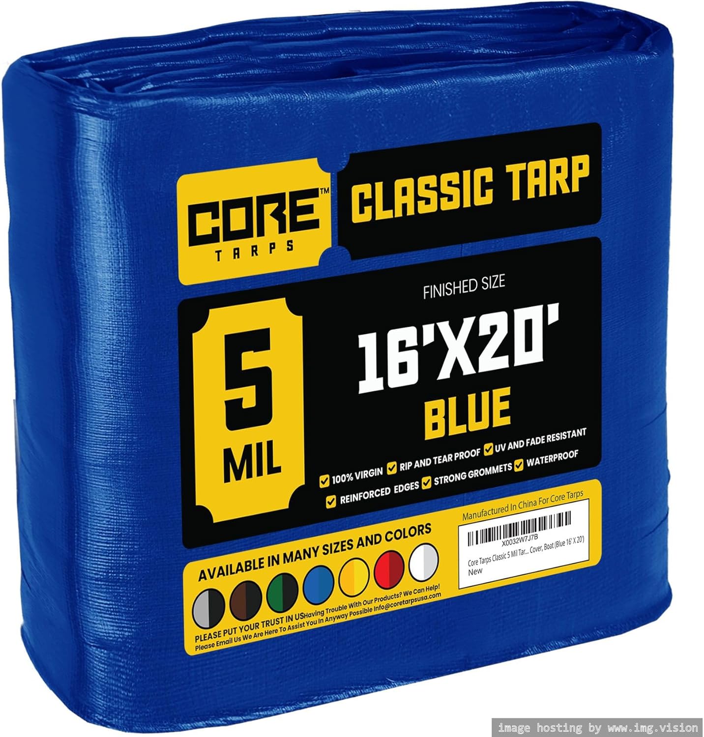 Core Tarps Classic 5 Mil Tarp Cover, Waterproof, UV Resistant, Rip and Tear Proof, Poly Tarpaulin with Reinforced Edges for Roof, Camping, Patio, Pool Cover, Boat (Blue 16 X 20)