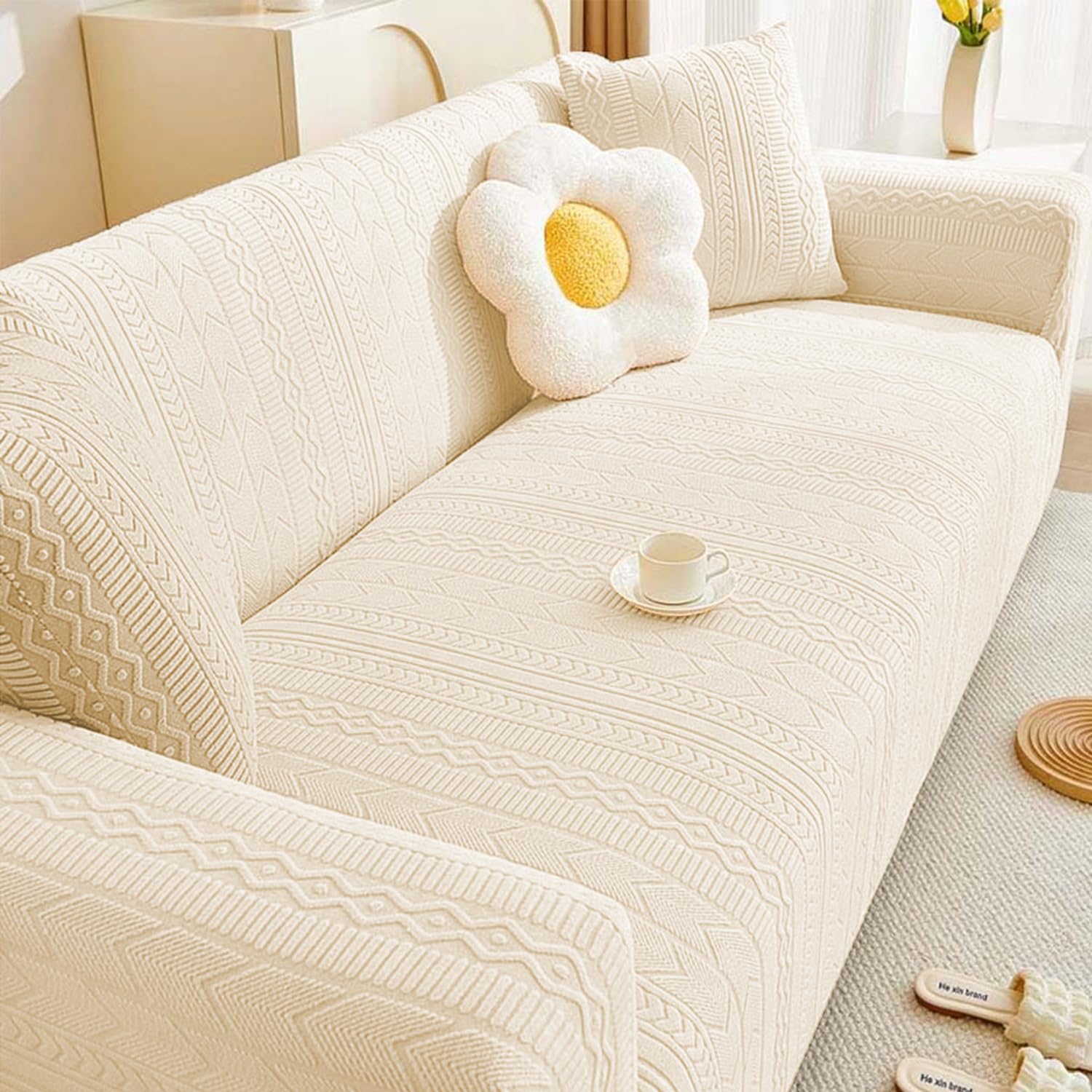 Lukzer 3 Seater Pastel Yellow Zigzag Pattern Sofa Cover | 240 GSM Universal Stretch Fit Jacquard Fabric Couch Protector | Fully Covered Anti Slip & Washable Sofa Cover (180-230cm/SC-080-03)