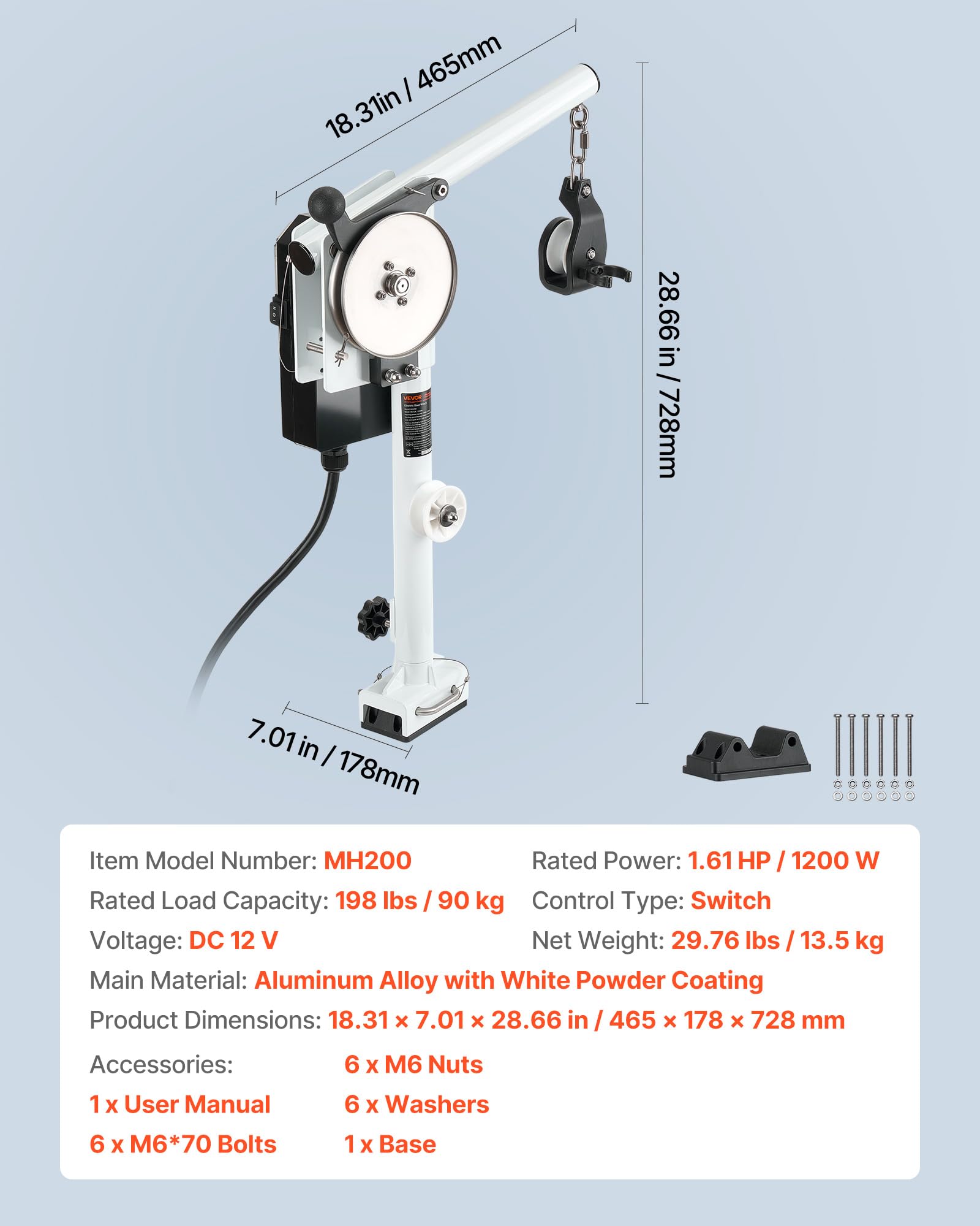 VEVOR Treuil de Pêche Bateau Électrique, 12 V CC 1200 W, Capacité de Levage 90 kg, Vitesse de Ligne 35 m/min, Rotation 360°, Résistant à la Corrosion, pour Levage de Piège à Crabes, Crevettes, Homards