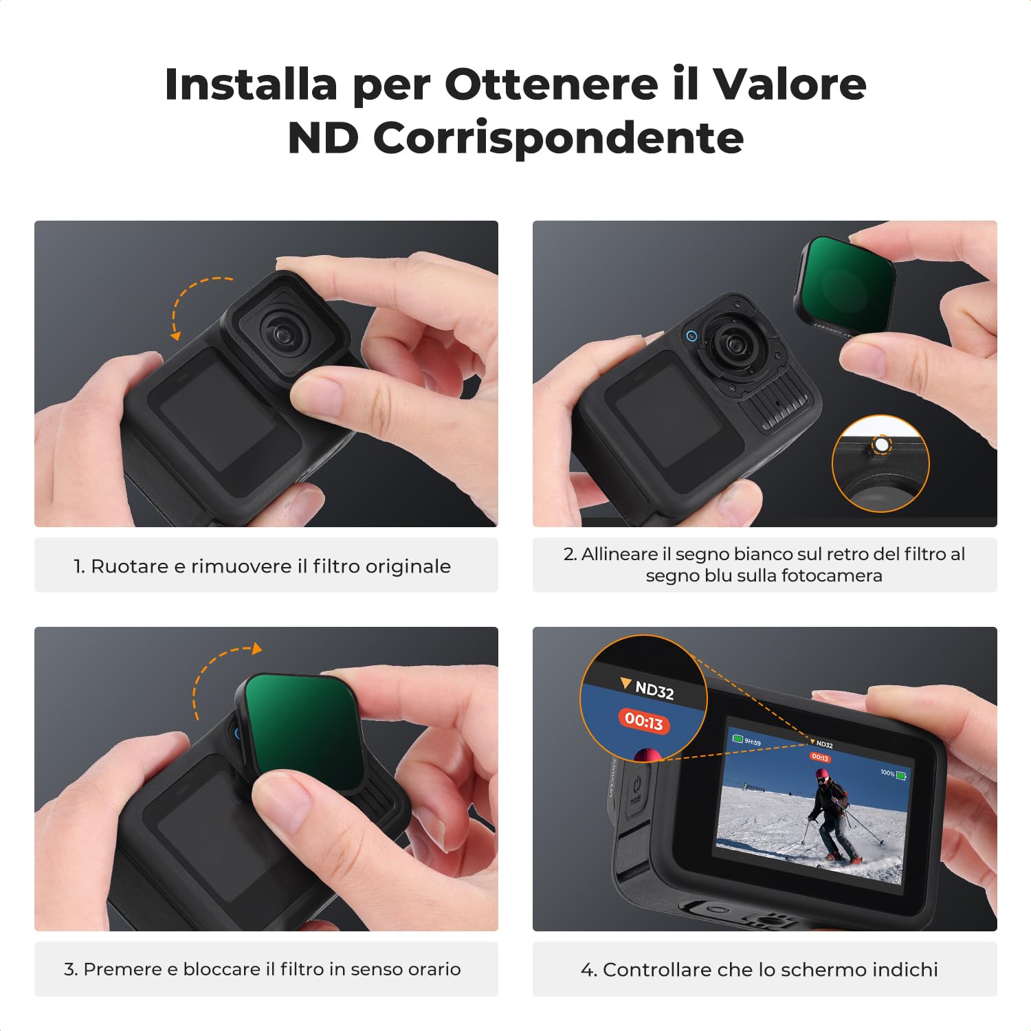K&F Concept 4 Pezzi Set di ND Filtri (ND4 ND8 ND16 ND32) per GoPro Hero 13/12/11/10/9, Filtro Densità Neutra, con 28 Strati di Nano Rivestimento, Fotocamera di Azione Accessori