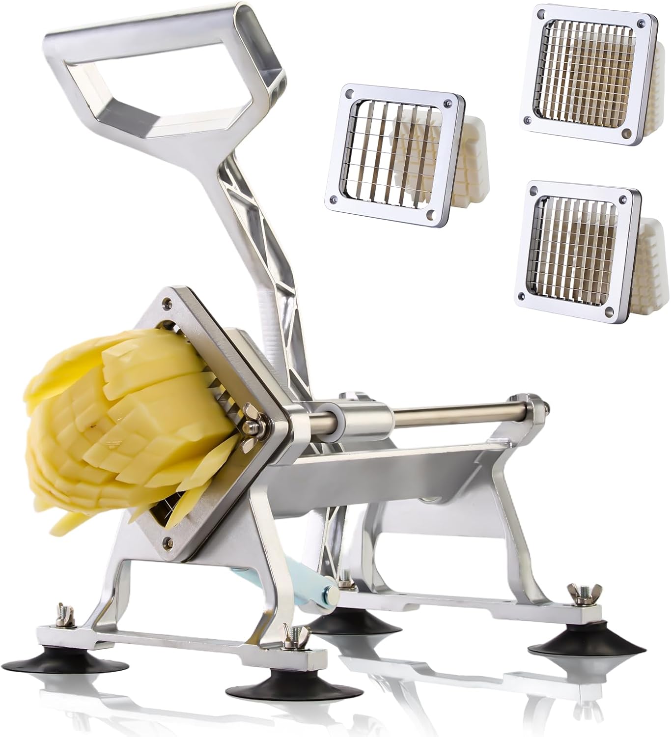 Commercial French Fry Cutter Stainless Steel Potato Cutter with 1/2,1/3,3/8 Inch Blade and 8-wedge balde, Heavy Duty Potato Slicer Manual Potato Chopper Set for Sweet Potato, Carrot, Cucumbers