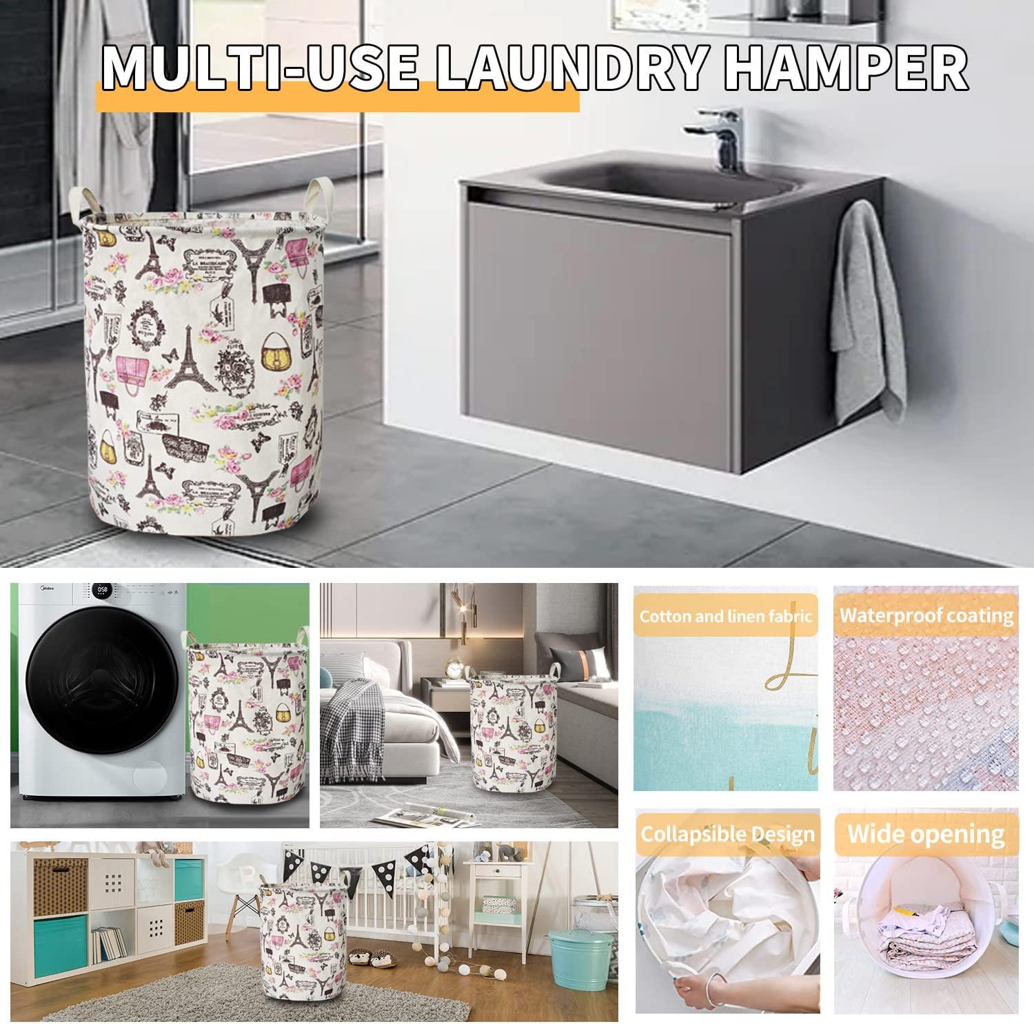 Merdes 19.7’’ Waterproof Foldable Laundry Hamper, Dirty Clothes Laundry Basket, Linen Bin Storage Organizer for Toy Collection (Paris) - Image 4