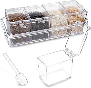 Clear Acrylic 4-Piece Spice Rack Organizer with Spoons & Tray - Compact Seasoning Box for Salt, Sugar, Spices