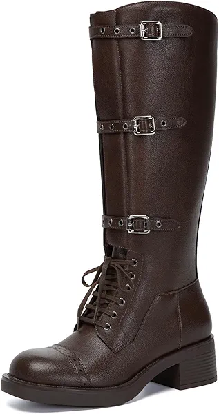 Athlefit Brown Knee High Boots for Women Wide Calf Chunky Riding Boots Slip On Lace Up Buckle Fall Booties Size 7