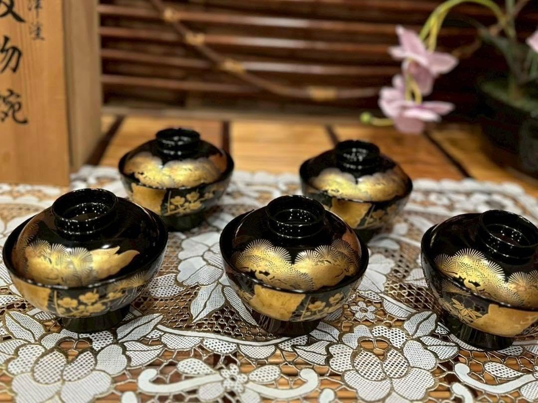 未使用 最高級 特選漆器 会津塗 吸物椀 セット 金彩 松竹梅 最高級 特選漆器 会津塗 吸物椀 セット 金彩 松竹梅 会津塗り