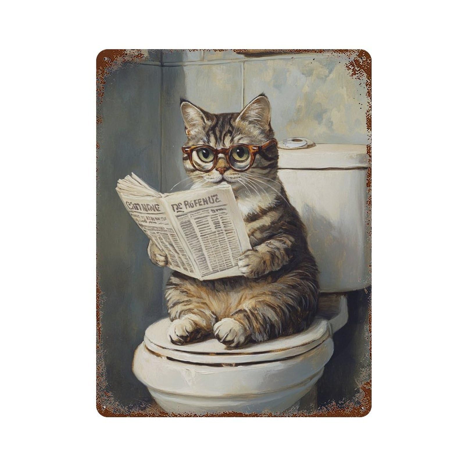 Curious Cat on Toilet Reading Newspaper Vintage Metal Tin Sign 15.7"x11.8", Ideal for Shed, Workshop And Garage Wall Decor