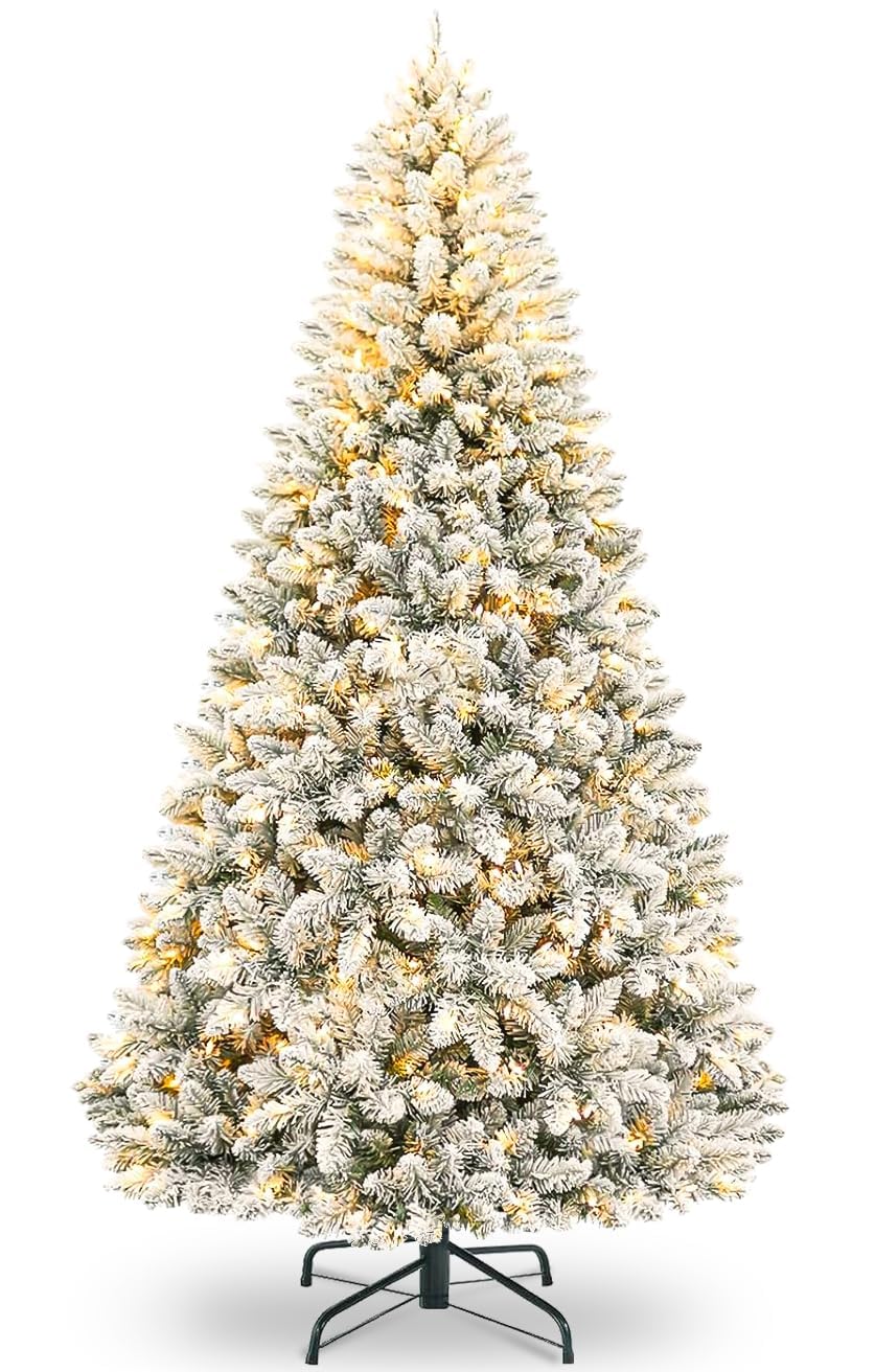 QLOFEI 180cm Arbol de Navidad Nevado Artificial con Nieve y 300 Luces LED Cálidas, Arbol de Navidad con Luces Incorporadas, 856 Puntas y Soporte de Metal para Hogar Oficina Comercio Fiesta