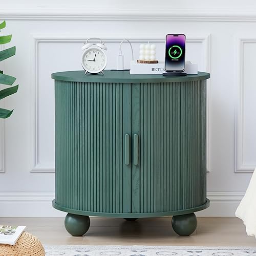 Miniatura 1 de AVZEAR Mesa auxiliar redonda grande de 24 pulgadas con estación de carga, mesa auxiliar de sofá acanalada de granja con puerta corrediza y