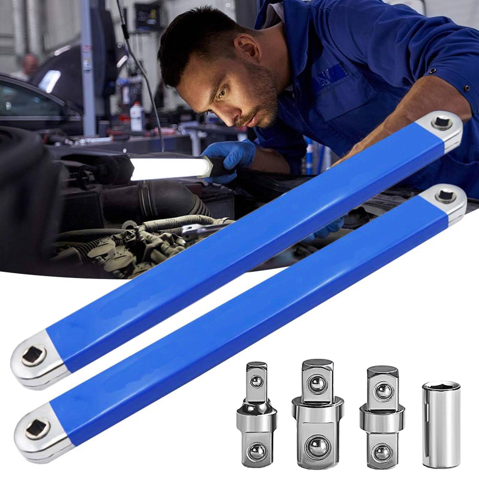 Offset Extension Wrench Set, Schraubwerk Offset Schlüssel, Verlängerungsschlüssel, Ratschenverlängerung mit Kettenantrieb, Inkl. 1/4", 3/8" & 1/2" Adapter Blue,39cm
