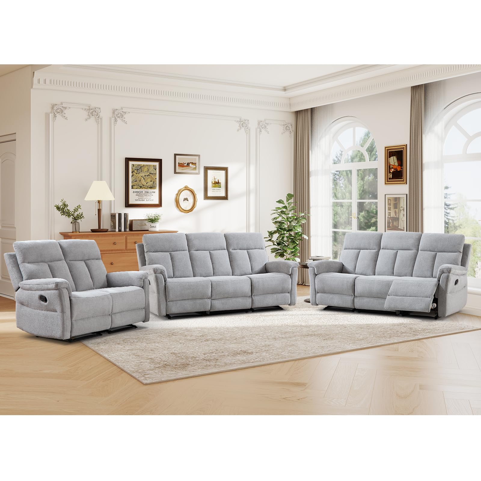 ANJ 3-Piece Manual Recliner Sofa Set, Reclining Loveseat and Two 3-Seat Sofas with Overstuffed Backrest and Supportive Backrest, Fabric Reclining Couch Set for Living Room, Silver