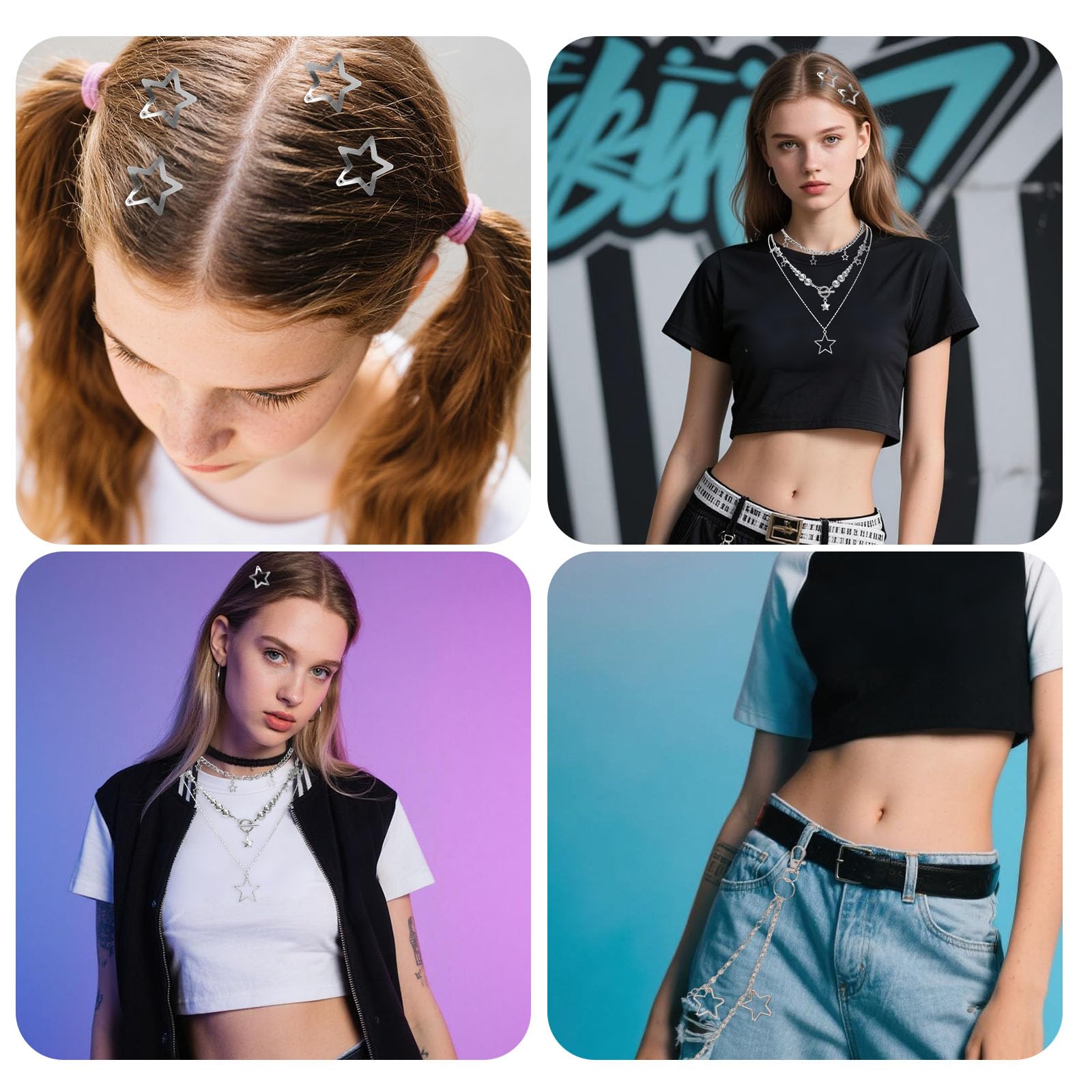 Zestaw Akcesoriów Y2k, Biżuteria Rockstar dla Kobiet 3 Naszyjniki z Gwiazdkami i 2 Srebrne Bransoletki, Okulary Przeciwsłoneczne, Łańcuszek do Spodni Hip-Hopowych z Gwiazdką, Spinka do Włosów