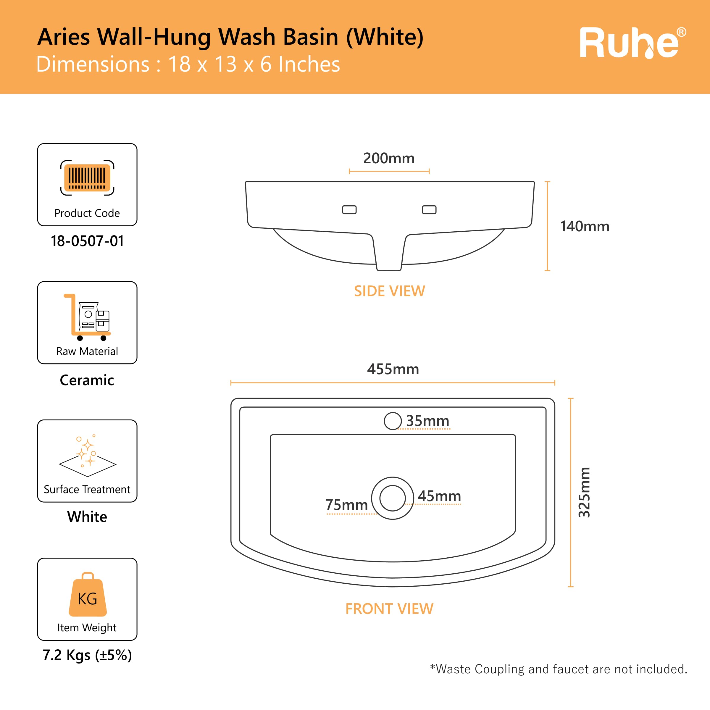 Ruhe Aries Wall Hung Ceramic Sink - Modern Bathroom -2 Ruhe Aries Wall Hung Ceramic Sink - Modern Bathroom -2