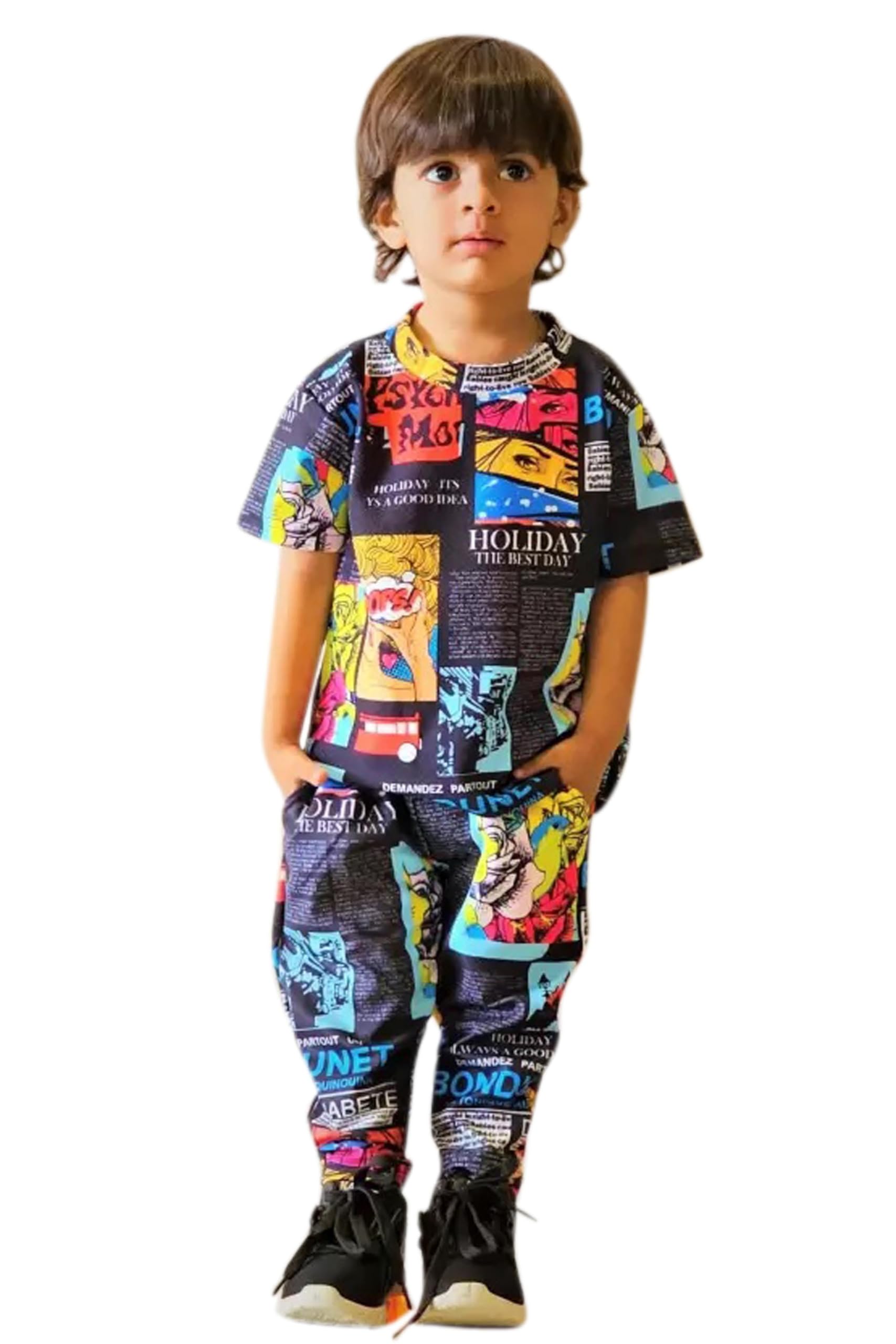 Unisex Kids Lycra Blend Round Neck Short Sleeves Graphic Print T-shirt and Track Pant Set