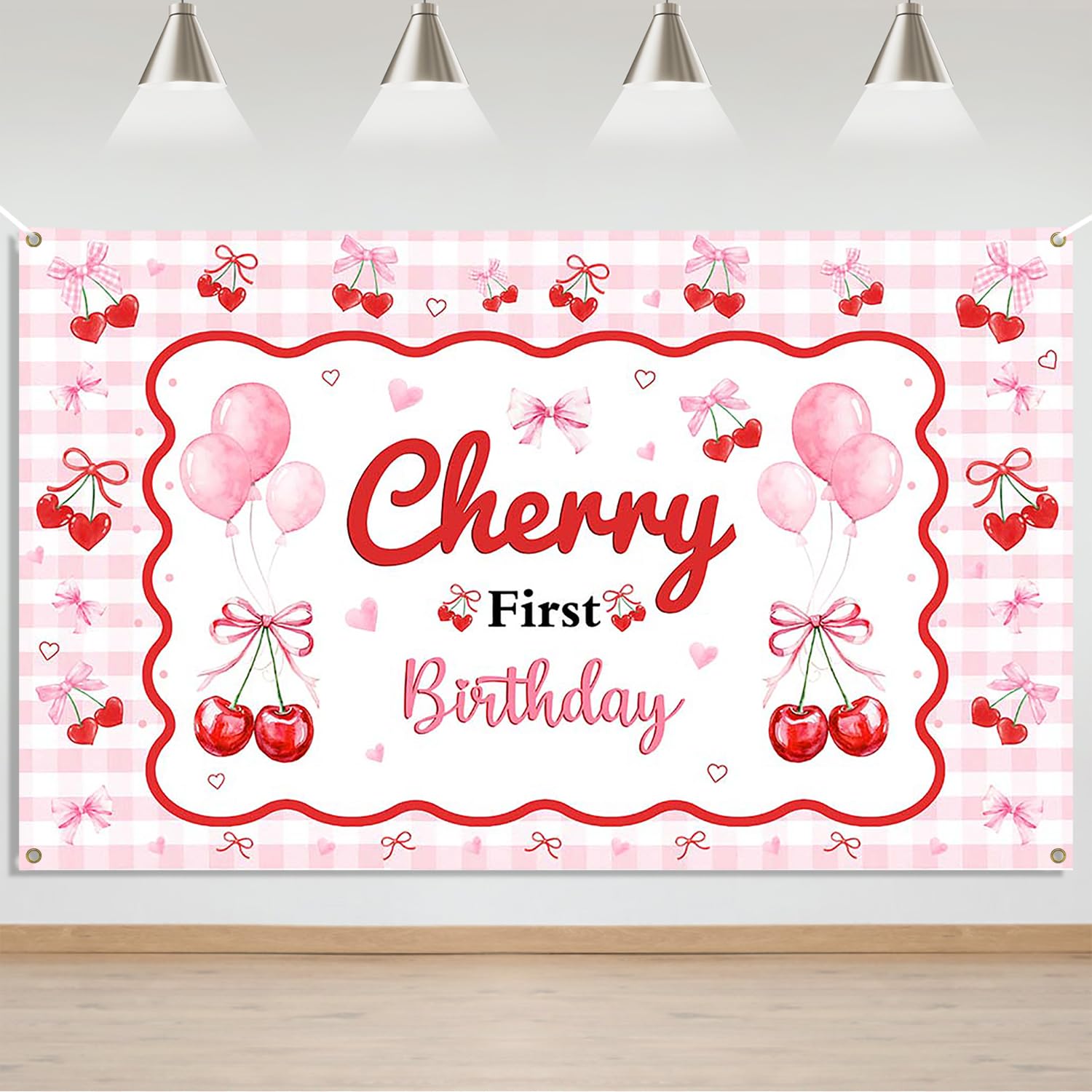 Mocsicka Cherry First Birthday Backdrop Banner for Girl 1st Birthday Cherry Theme Coquette Decorations Pink Bow Party Decor Cherry Birthday Party