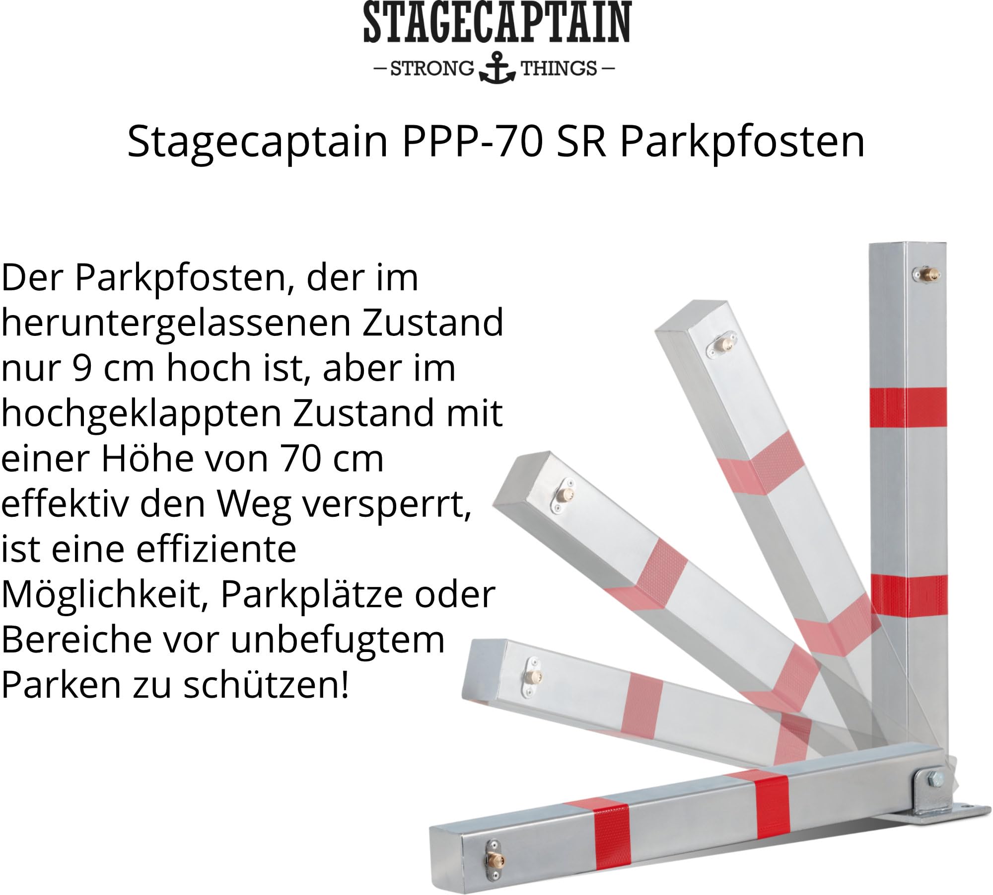 Stagecaptain PPP-70 SR Parkpfosten - Stabile Parkplatzsperre aus Stahl - Galvanisiert und pulverbeschichtet - Abschließbar mit drei Schlüsseln - Reflexionsstreifen für gute Erkennbarkeit