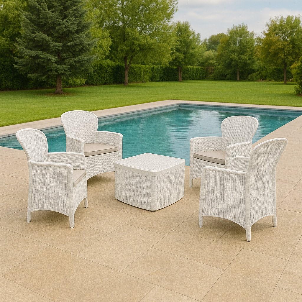 Dmora - Set Salotto da Esterno Anagni, Salottino Outdoor o Indoor, 4 poltrone con braccioli con Un tavolino Contenitore, Made in Italy, Bianco