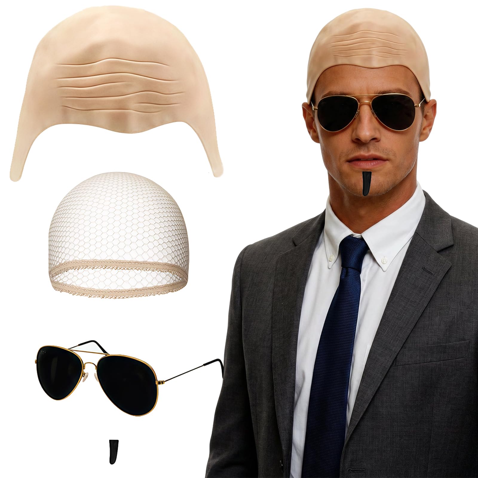 HUNUH 4PCS Bald Caps for Adults Men Women Costume Accessory Set, Makeup Bald Head Wig Cap with Sunglasses, Mens Ladies Music Icon Famous Celebrity Fancy Dress Props