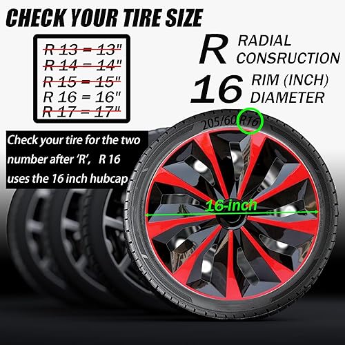 Miniatura 1 de Tapacubos de repuesto universal R16 para llanta, accesorios exteriores para maletero de automóvil, SUV, juego de 4 (16 pulgadas, rojo y negro)