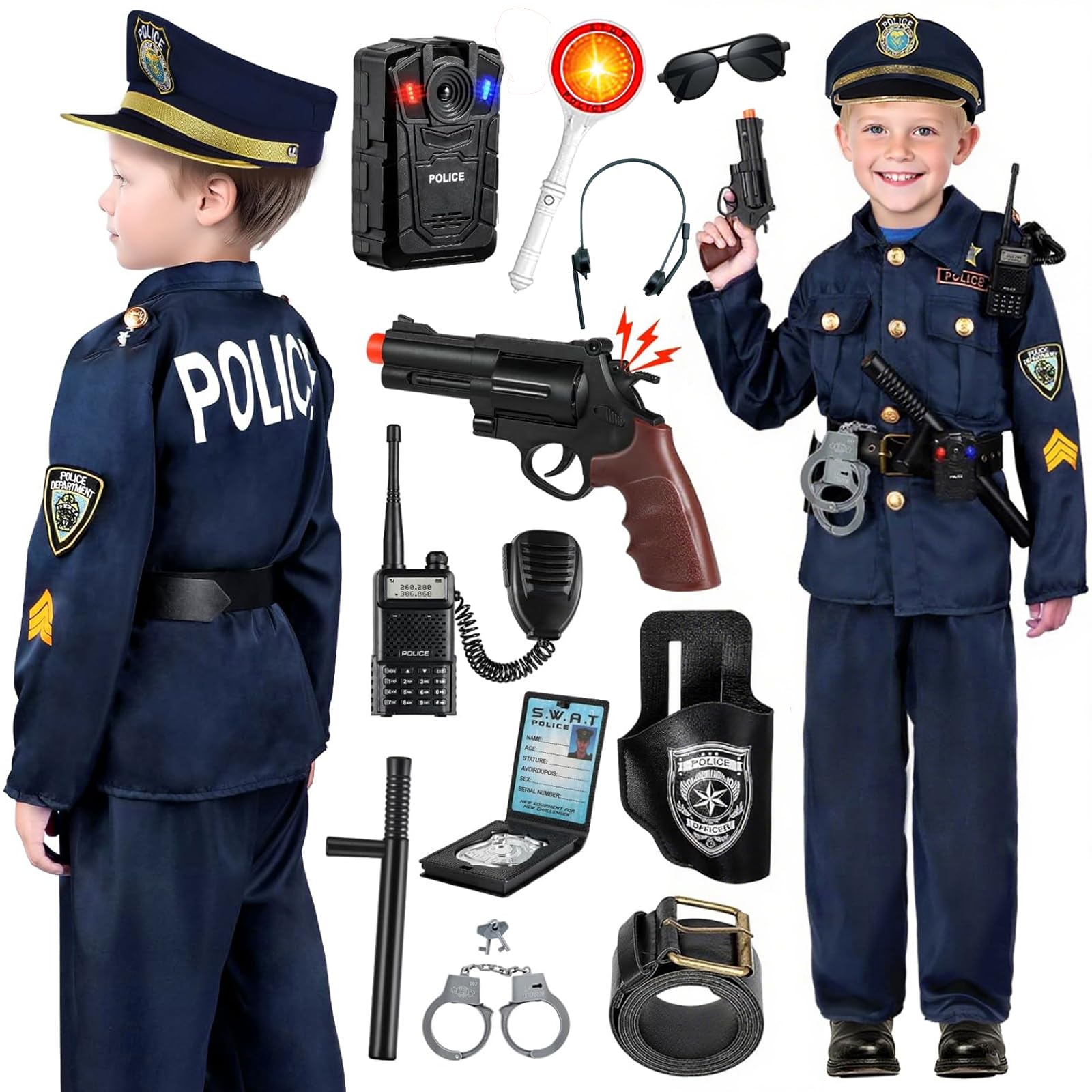 Disfraz Policia Niño con Esposas Juguete Niños, Funda de Pistola, Silbato, Placa Policia y Otros Accesorios de Juguete, Policia Disfraz Lujo para Halloween de Cosplay