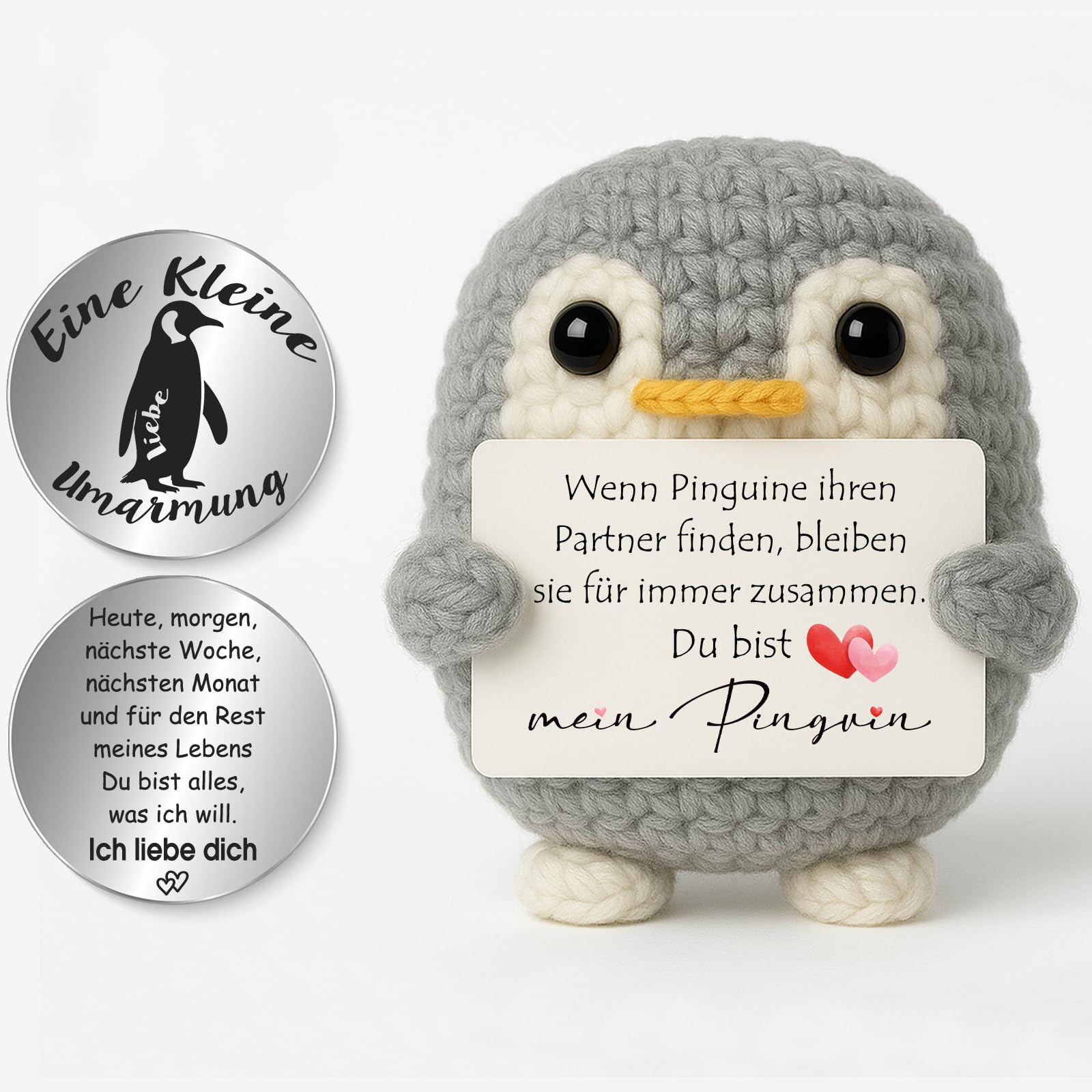 Tixlux Pocket Hug Fröhlicher Pinguin, Kreative Strickwolle Pinguin Dekofigur und Kleine Umarmung Glücksbringer, MutmacherGeschenk, Gute Besserung Geschenk, Weihnachten