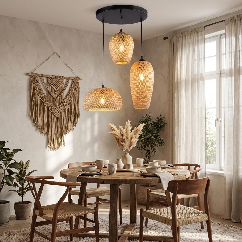 BARCELONA LED Lámpara Colgante Triple de Mimbre y Bambú Natural Base Metálica Negra, Estilo Nórdico y Japonés, 3xE27, Iluminación Cálida para Salón, Comedor o Restaurante
