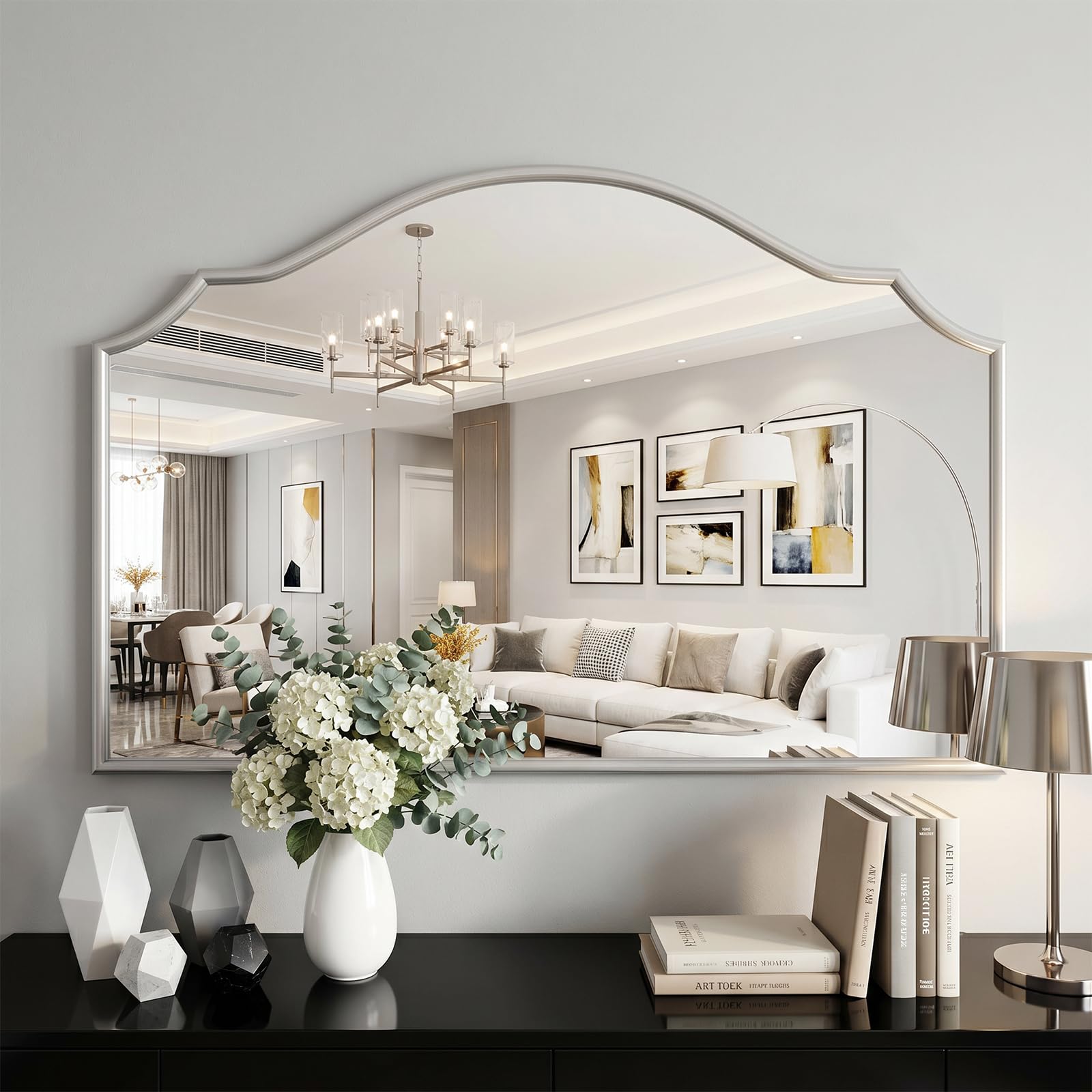 Sliver Scalloped Wall Mirror: 36"x24" Large Modern Minimalist Bathroom Mirror - Decorative Vanity Arched Mirrors for Dresser/Entryway/Fireplace/Mantle/Living Room - Home Decor for Housewife