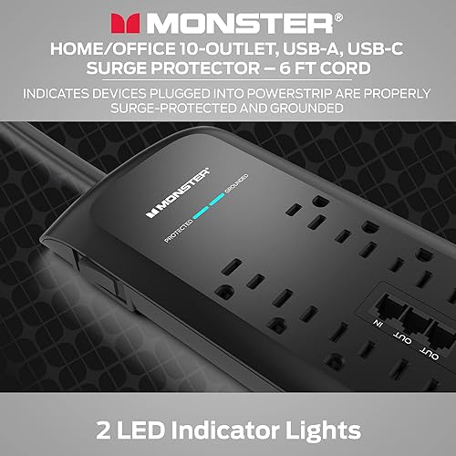 Miniatura 6 de Monster Regleta protectora contra sobretensiones de alta resistencia negra de 6 pies con 10 extensiones de salida de 120 V, 2 puertos de conmutador
