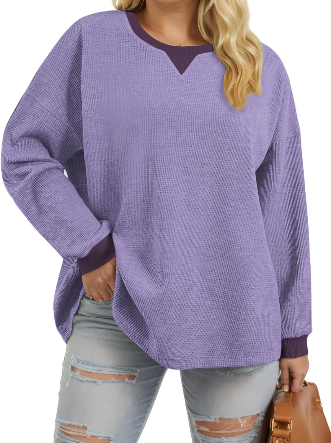 VISLILY Womens-Plus-Size-Sweatshirts Trendy Color Block Casual Long Sleeve Tops Waffle Knit Oversized Shirts Loose Fit Tunics