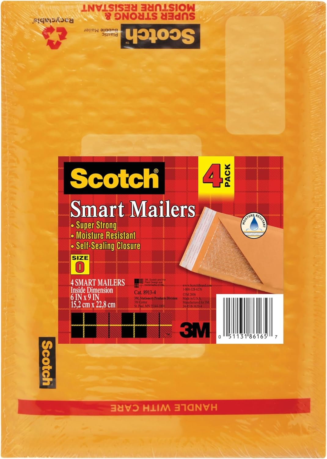 Scotch Plastic Bubble Mailer, 10.5 in x 15.25 in, Size 5, Yellow, 4-Pack