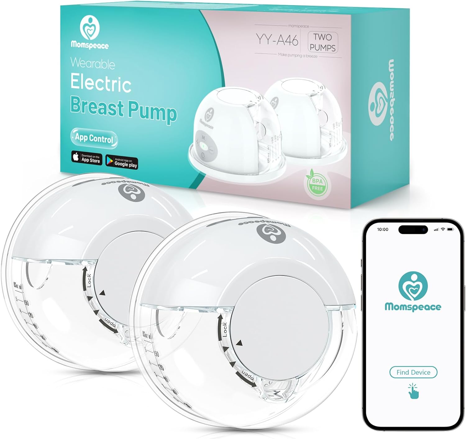 Breast Pump Hands Free, Momspeace Breast Pump with APP, Double Wearable Breastfeeding Pumps, Hands Free Breast Pump with 2 Mode & 12 Levels, Portable Electric Breast Pump Wireless -24mm, 2 Pack