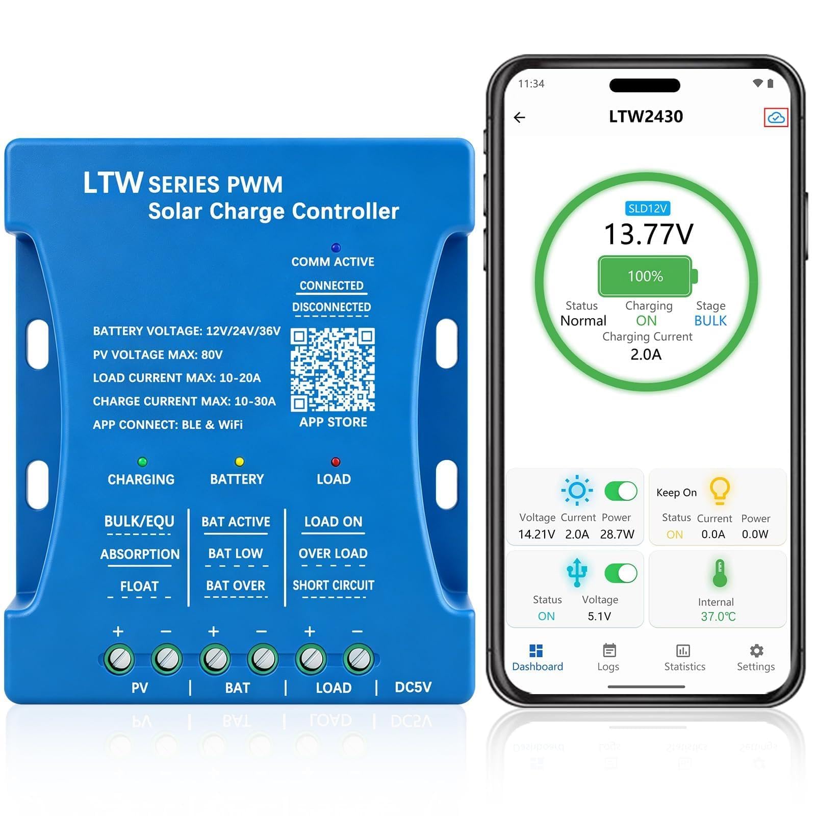 【Regolatore solare WiFi 30A 12V】Regolatore di carica solare 30A 12V/24V/36V Controllo ultra-remoto WiFi PV:80V Controller intelligente Bluetooth per pannello solare PWM per acido al piombo, LiFePO4
