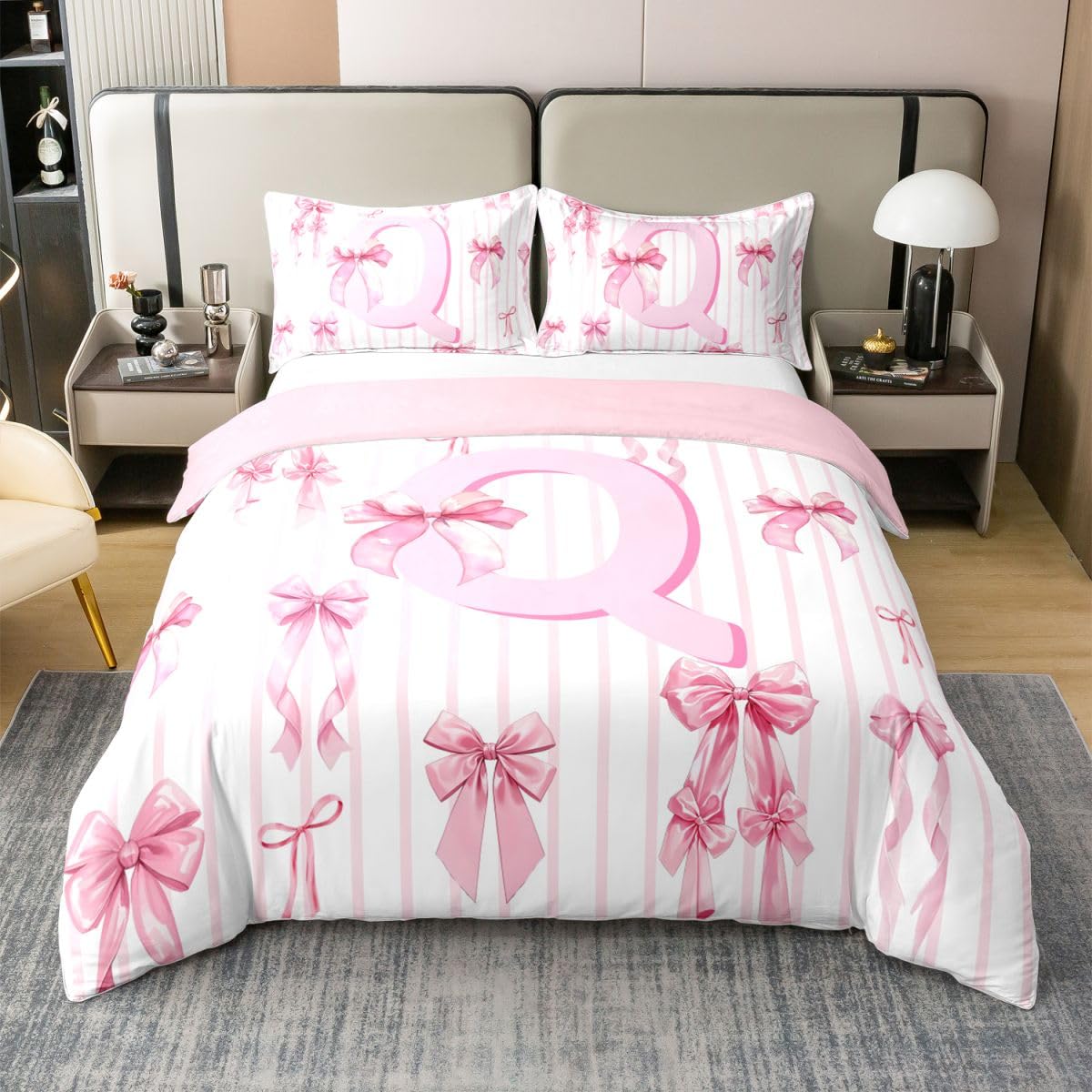 Homewish Różowa marzycielska kokarda podwójna pościel inicjał litera monogram bawełna poszewka na kołdrę zestaw uroczy kawaii kokarda poszewka na kołdrę romantyczna dziewczęca zestawy łóżek
