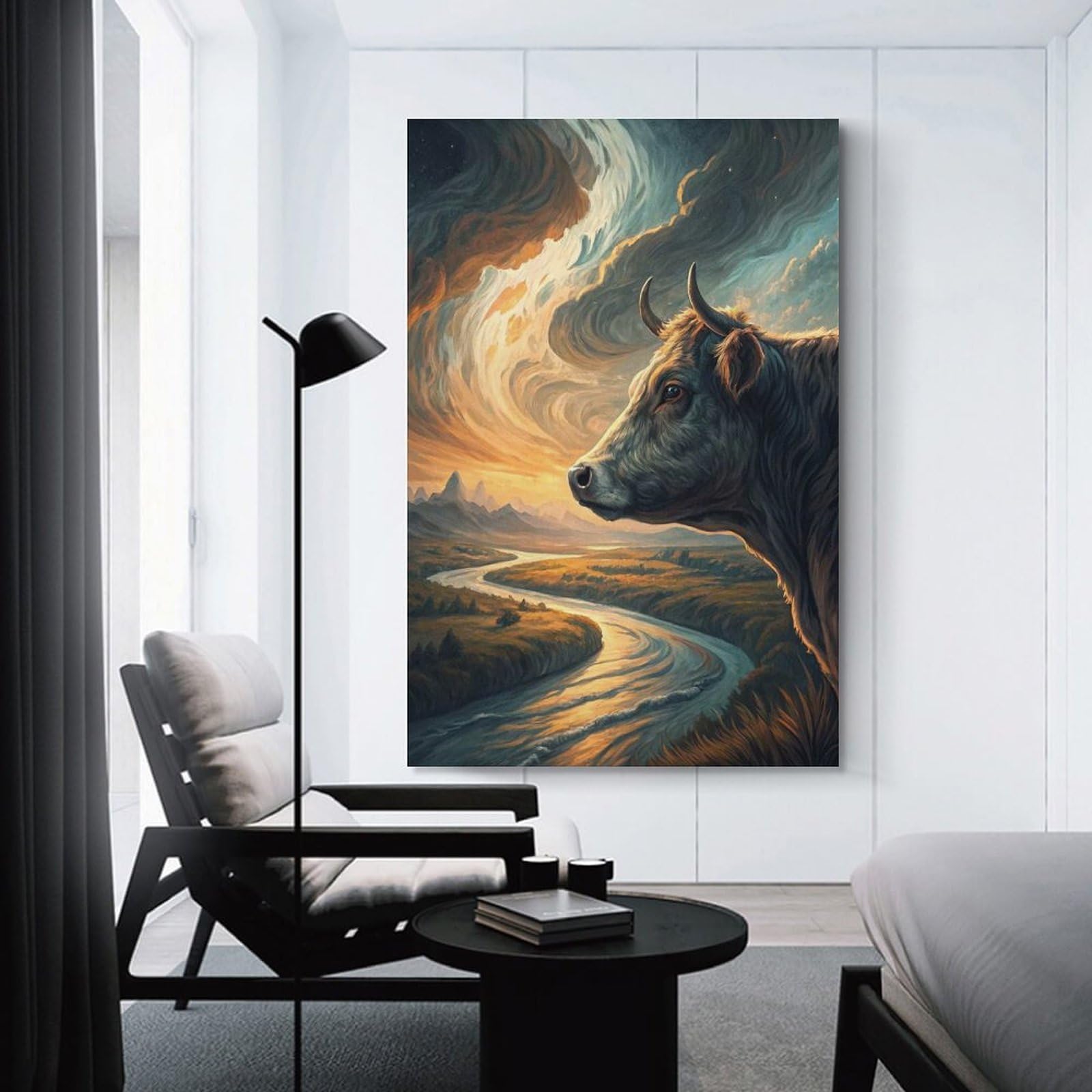 Junmoney Majestic Cow Overlooking A Winding River Wall Art Print, 24x36inch(60x90cm), for Bedroom Decor, Cosy Corners Or Studios, Decorative Wall Art for Cosy Rooms