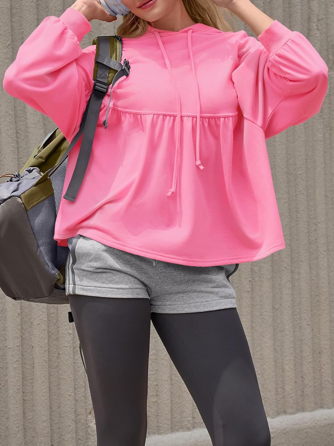 Fisoew Womens Oversized Hoodies Sweatshirts Casual Lantern Long Sleeve Drawstring Peplum Hem Loose Hooded Pullover Tops - Image 4