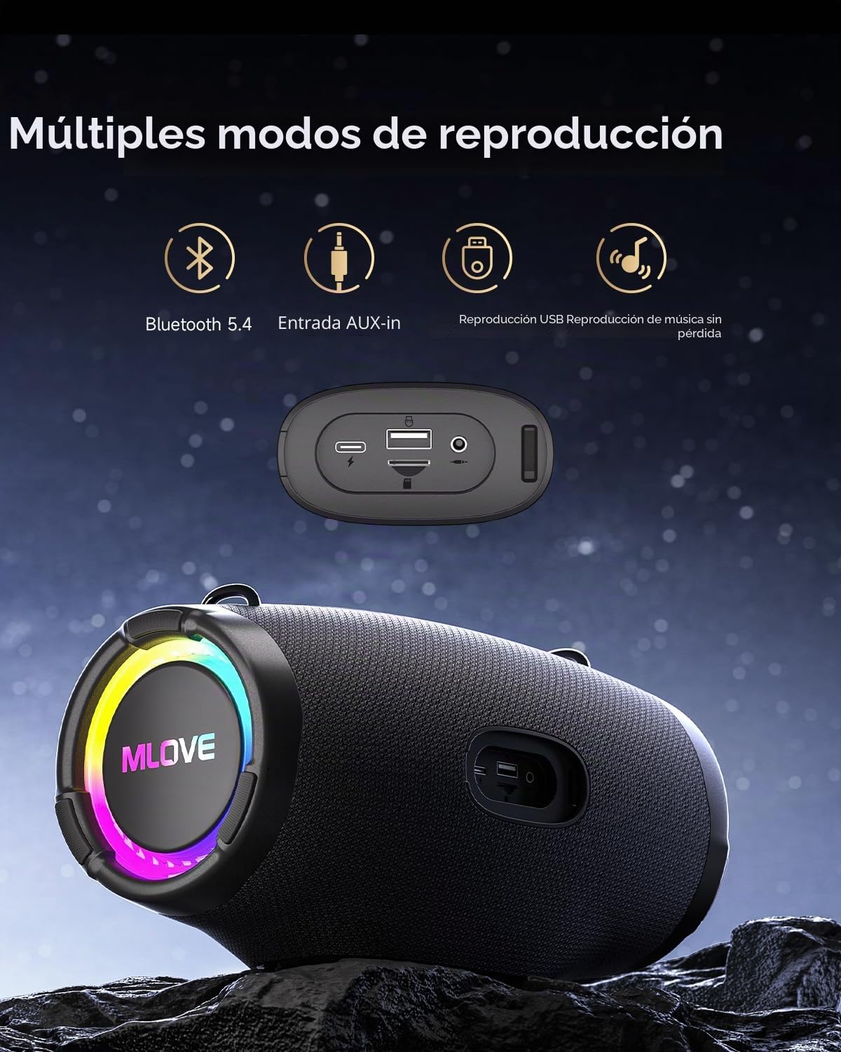 MLOVE E90 Altavoz Portátil Bluetooth Inalámbrico Impermeable RGB LED Luz True Wireless Stereo, Bluetooth 5.4, Micro-SD, Memoria USB, Jack 3,5mm, Carga Type C, Negro