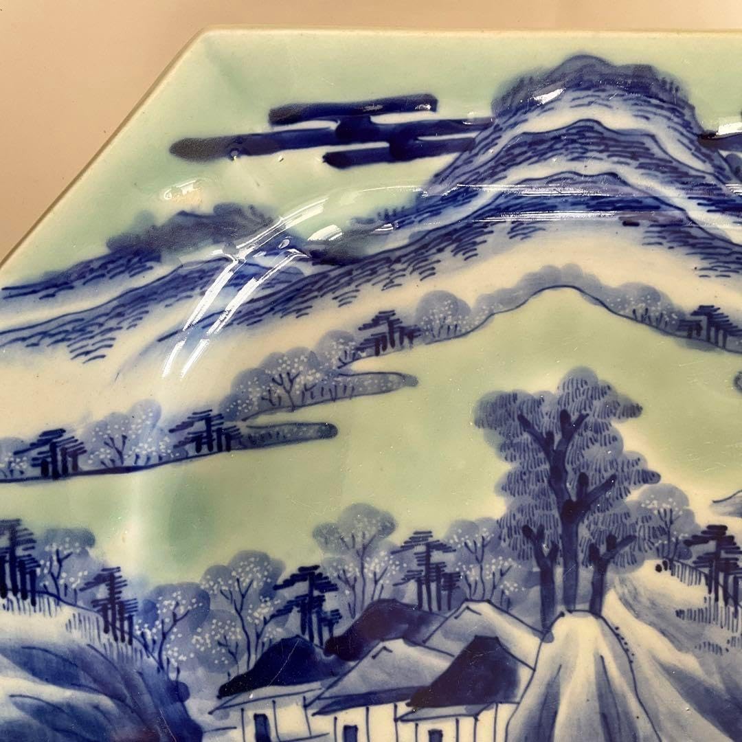 古伊万里 青磁染付山水文八角皿 江戸時代中期〜後期頃 名品