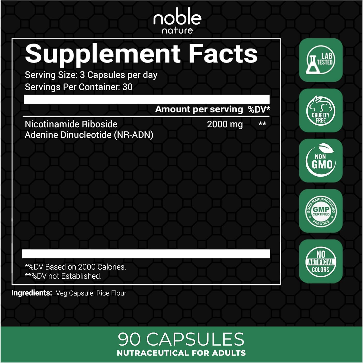Noble Nature NAD+ 2000mg - Nicotinamide Riboside Adenine Dinucleotide NAD Booster- 90 Veg Capsules - 30 Days Supply