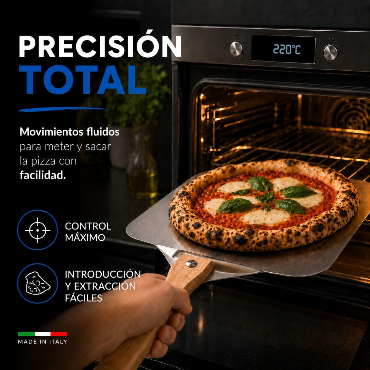 INOXLM Pala para pizza corta de acero inoxidable mango plegable de haya 33,5 x 30,5 cm, pala para pizza ligera y ahorra espacio, ideal para horno doméstico – Fabricado en Italia