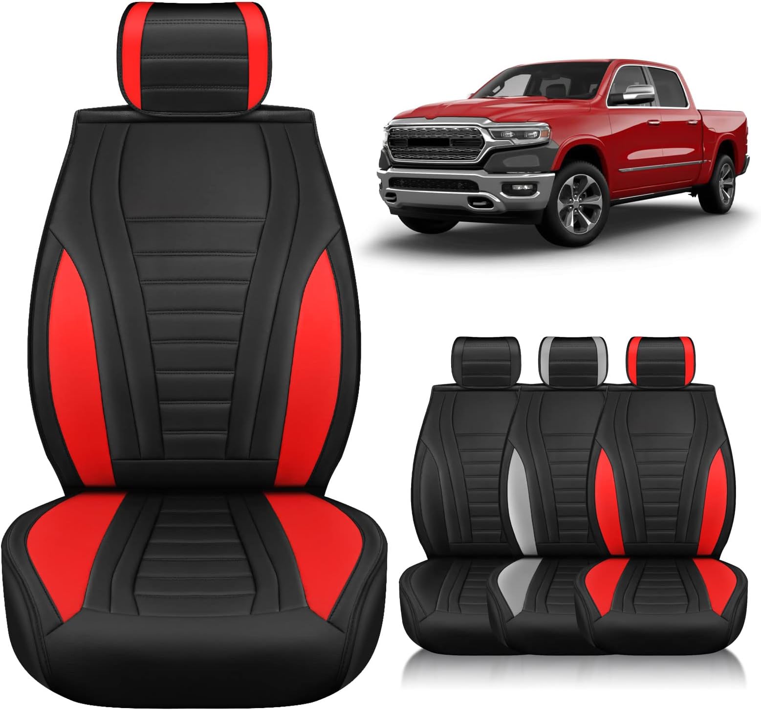 Octomo 2pcs Front Seat Covers for Dodge Ram 2009-2023 1500/2500/3500 Mega Cab Limited Classic Laramie Longhorn Tradesman Custom Fit Waterproof Leather Pickup Truck Seat Covers Front Set, Black-Red