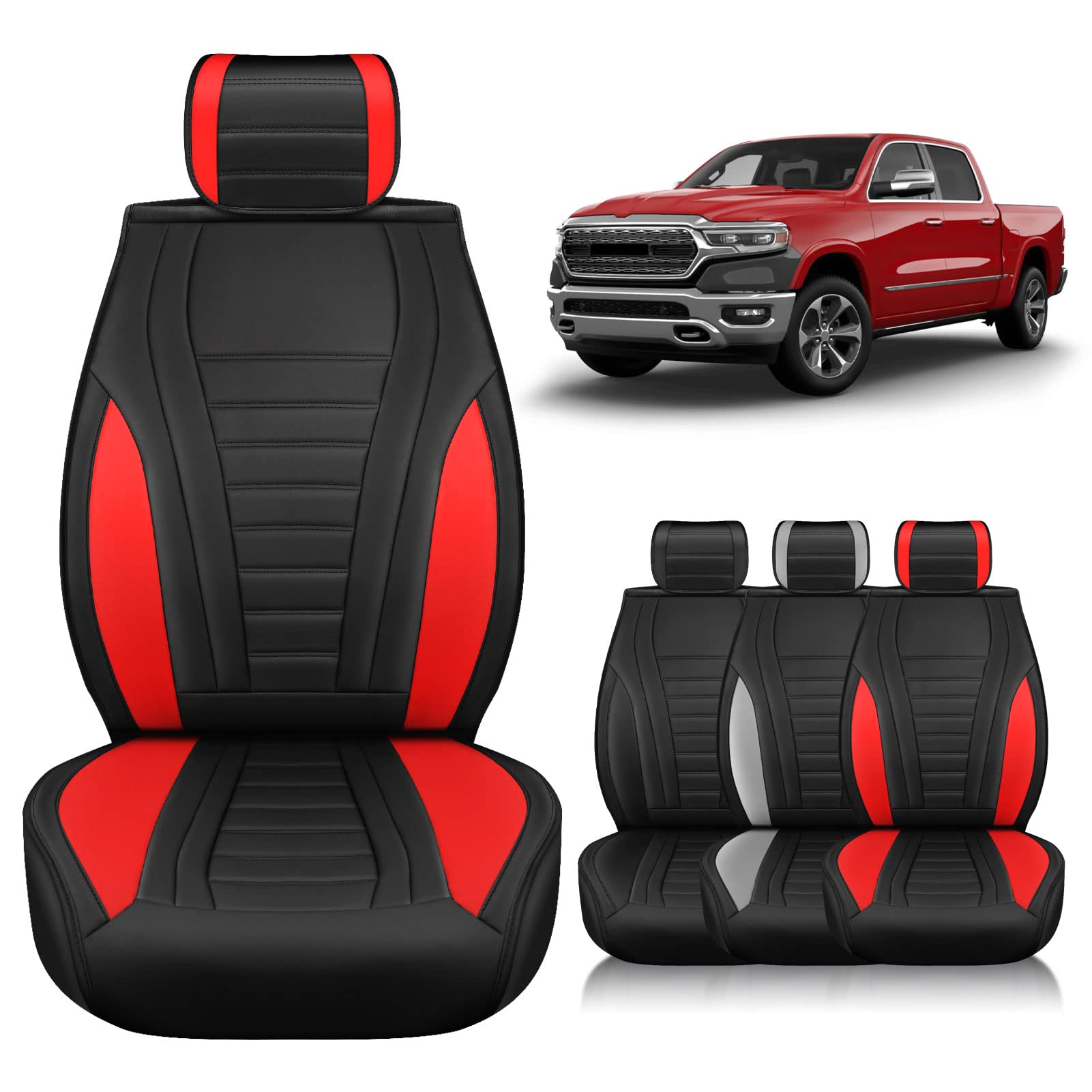 Octomo 2pcs Front Seat Covers for Dodge Ram 2009-2023 1500/2500/3500 Mega Cab Limited Classic Laramie Longhorn Tradesman Custom Fit Waterproof Leather Pickup Truck Seat Covers Front Set, Black-Red