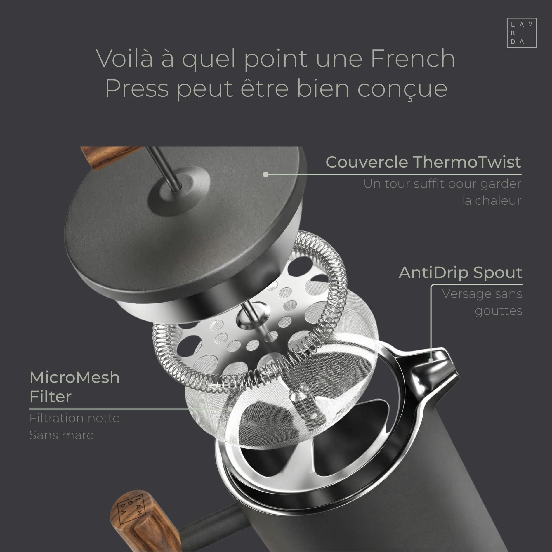 Lambda Coffee® Thermo French Press Acier inoxydable I 3 tailles disponibles I Cafetière à piston en acier inoxydable | Double paroi : garde au chaud pendant longtemps I Cafetière | Presse à café