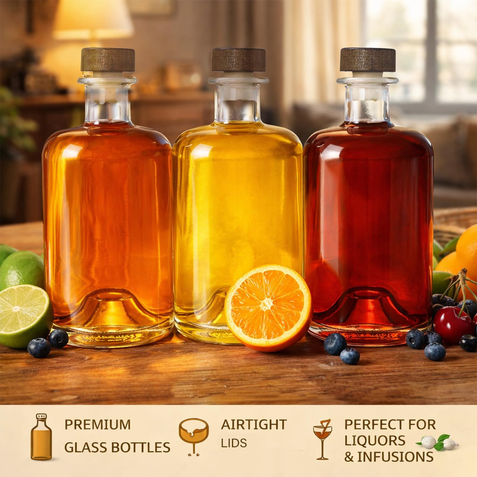 WRINGKIT Paquete de 4 botellas de licor de vidrio, botellas de vino transparentes de 25 onzas con tapón de corcho en T, dispensador de botellas de whisky de vodka de base pesada para bebidas, bebidas,