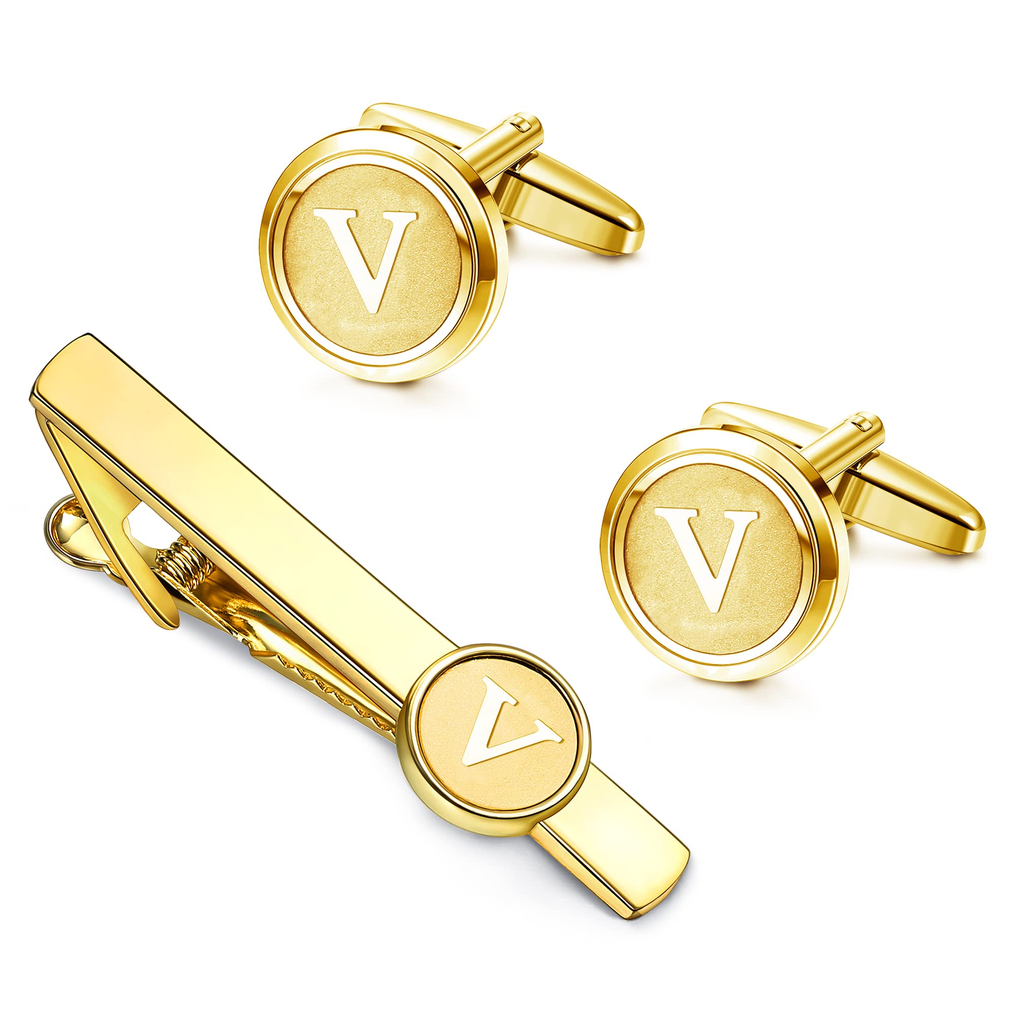 HelicopchainInitial Cufflinks and Tie Clips Set for Men Personalized Shirt Gold Cuff Links and Tie Bar Alphabet Letter A-Z with Gift Box for Wedding Business Groom Husband