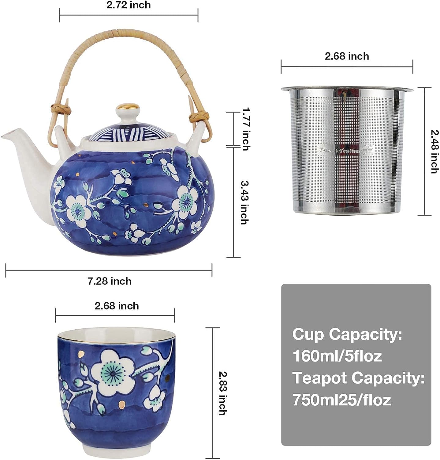 Taimei Teatime Japanese Tea Set, Ceramic Tea Sets with 1 Teapot, 4 Tea Cups, 1 Stainless Infuser, Beautiful Asian Tea Sets for Adults with Blue and White Plum Blossom Patterns, Tea Sets for Women