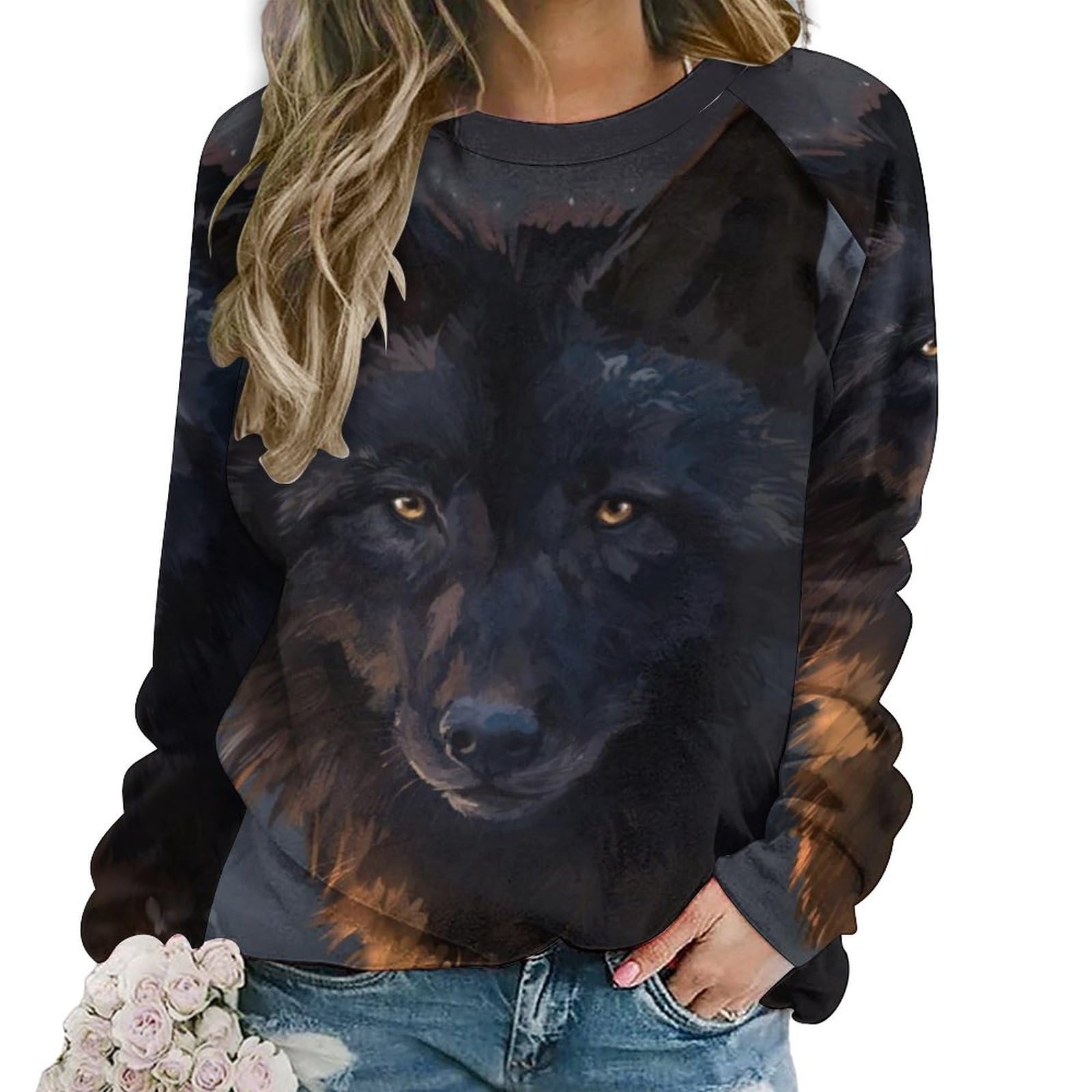 Qjjinxior Casual Ladies Jumper, Fantasy Wolf Sweatshirts for Women, Crewneck Long Sleeve Top