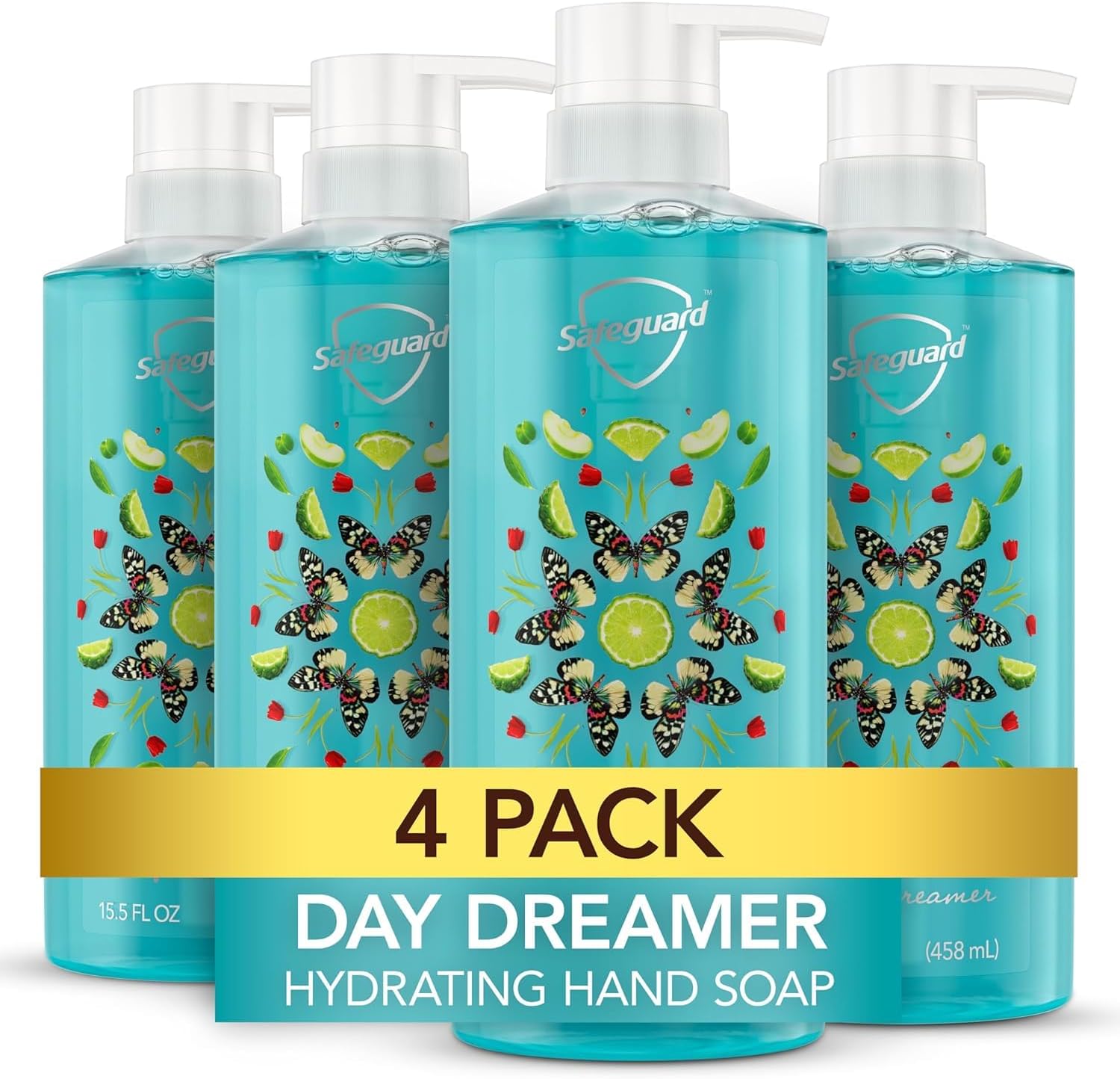 Safeguard Hydrating Liquid Hand Soap, Day Dreamer Scent, Made with Plant Based Cleansers, 15.5 oz (Pack of 4)