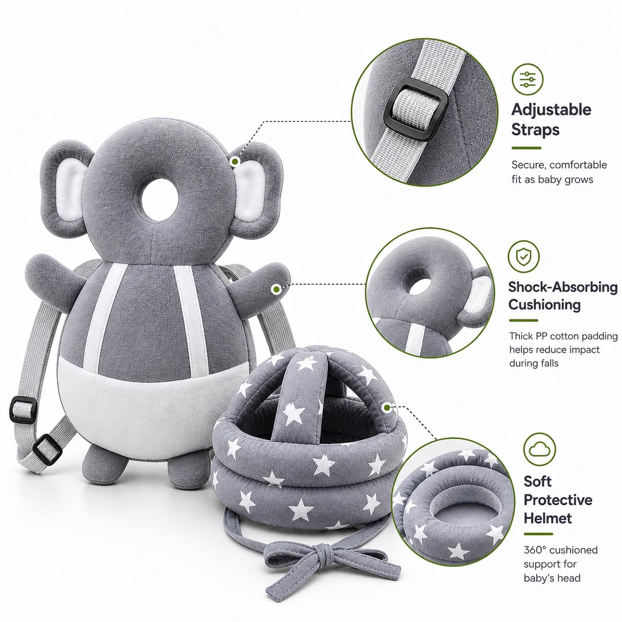 GLUN® Baby Back Protector with Head Protective Hat Combo Set, Cute Elephant Shape Soft Cushioning, Adjustable Shoulder Belt, Head Protection Gear for 6-18 Month Toddler Kids 1