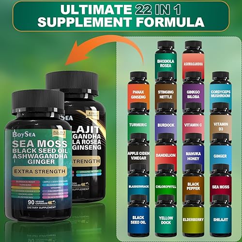 Miniatura 5 de Boysea. Paquete de shilajit y musgo marino, 90 unidades, musgo marino, aceite de semilla negra, ashwagandha, jengibre y shilajit, Rhodiola Rosea,