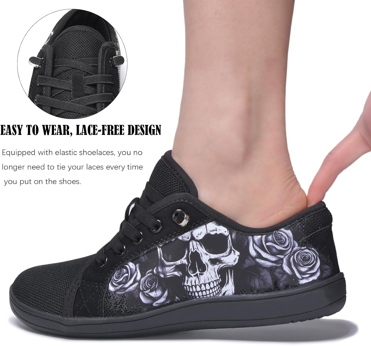 Unisex Wide Toe Box Barefoot Sneakers - Low Top Gothic Skull Casual Streetwear Flats Lightweight and Breathable Walking Shoes for Men & Women