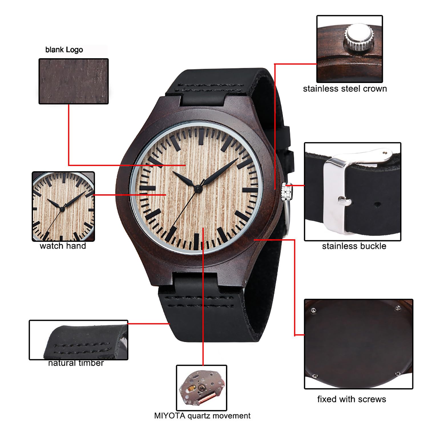 Tiong Orologio da uomo in legno naturale scuro e chiaro, con cinturino in vera pelle, ecologico, casual, al quarzo, con quadrante in legno minimalista, regalo unico per uomo